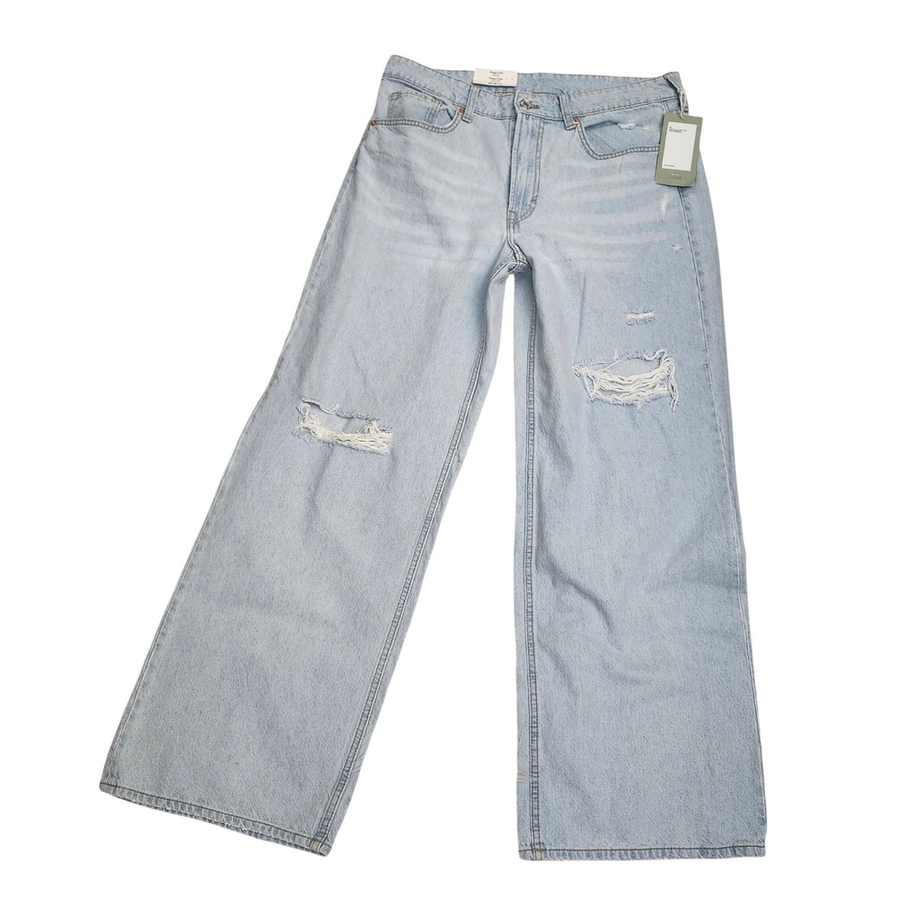 Baggy Wide Loose Fit Mid Waist Distressed Jeans Light Wash 32 Streetwear Y2K NEW